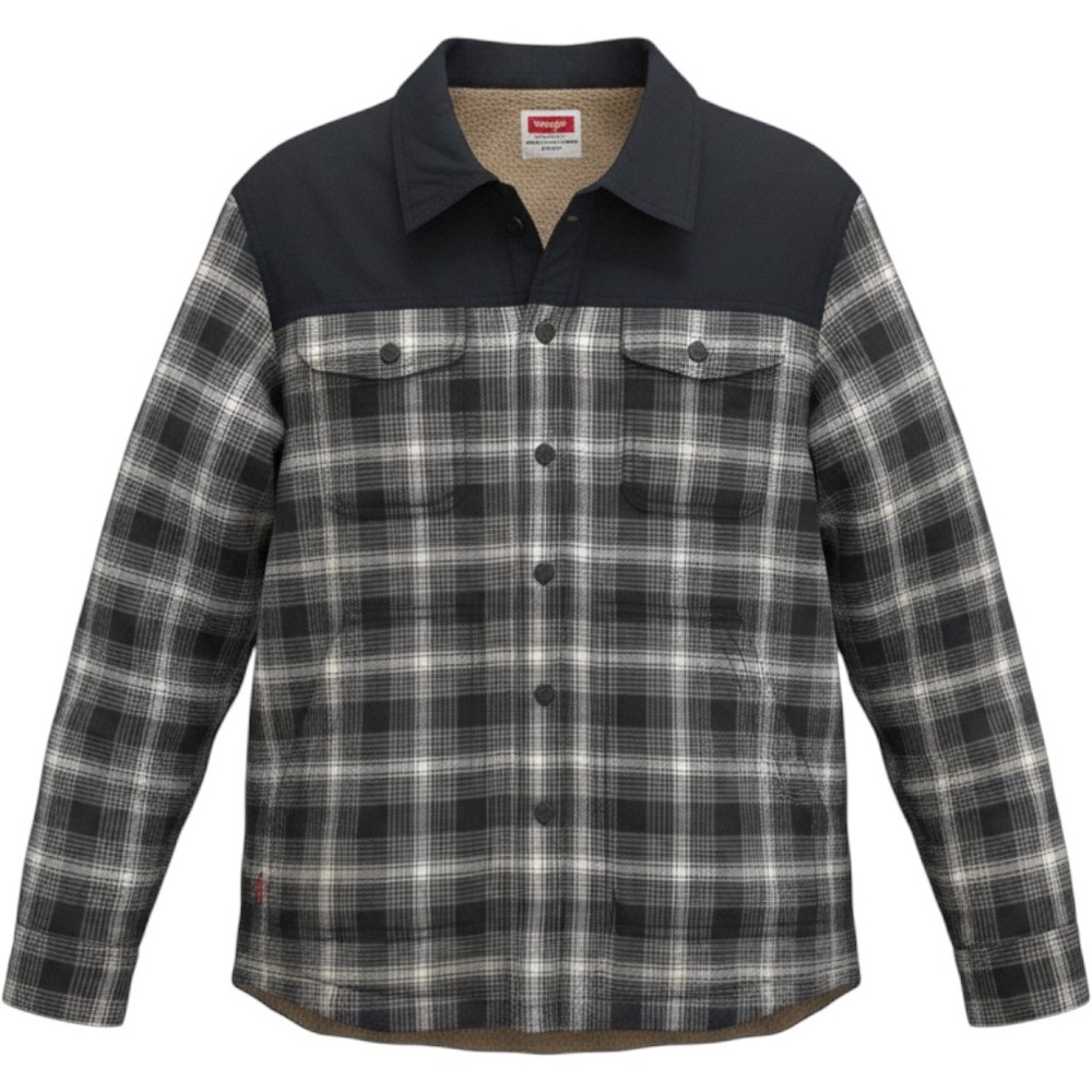 Wrangler Shirt Jacket Mens Large Black Gray Plaid Sherpa Lined Western Yoke Warm
